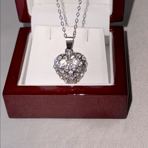 Romantic Silver Heart Pavé Rhinestone Pendant 18” Necklace - Picture 3 of 11
